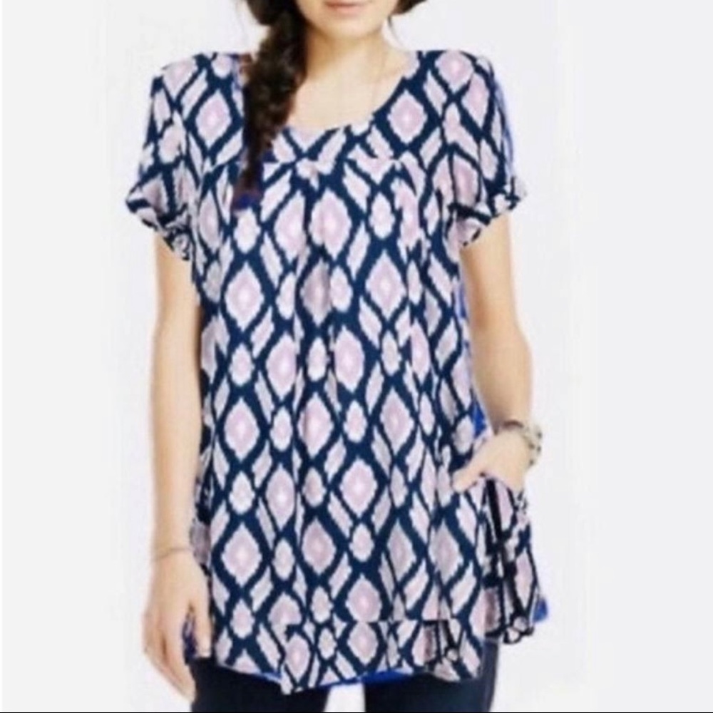 Anthropologie Holding Horses Boho Navy Pink Tunic with Pockets SZ XS